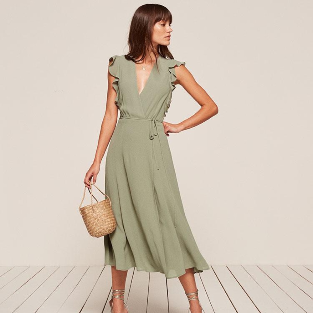 Reformation Hillary Seafoam Ruffle Sleeve Deep V Wrap Dress w tags size M